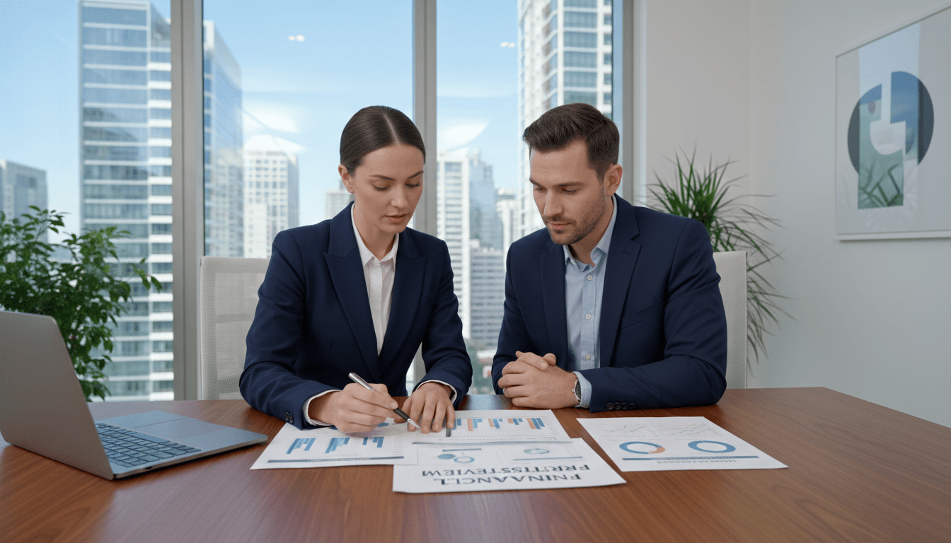 Professional consultant discussing credit solutions with client in modern office setting