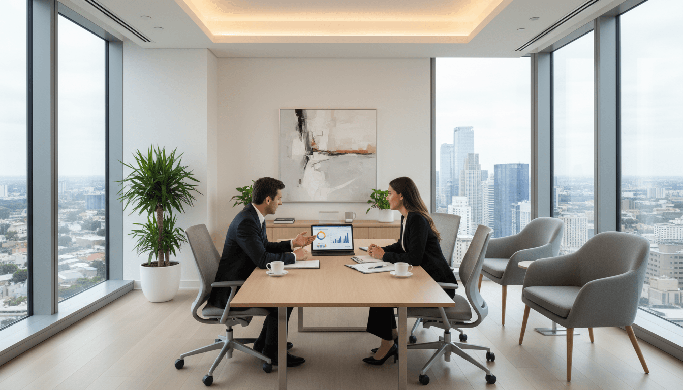 Professional advisor working with client on credit recovery plan in bright modern office